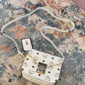 MCM Ivory Crossbody Bag with Logo Print